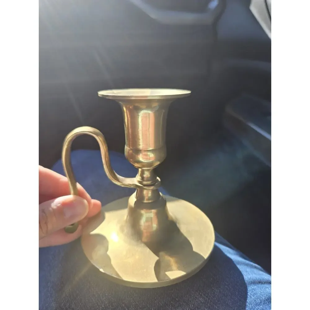 Vintage Solid Brass Chamberstick Candle Holder Finger Loop Handle Traditional De